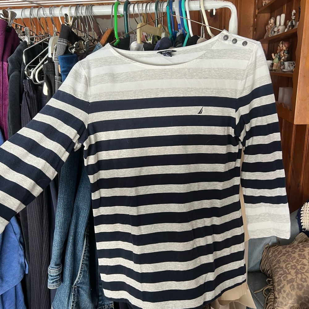 Nautica Gray and White Striped Shirt